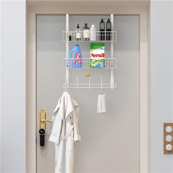 Over Door Hooks Organizer Towel Rack Coat Hanger 10 Hooks 2 Mesh Baskets White - Picture 6 of 7